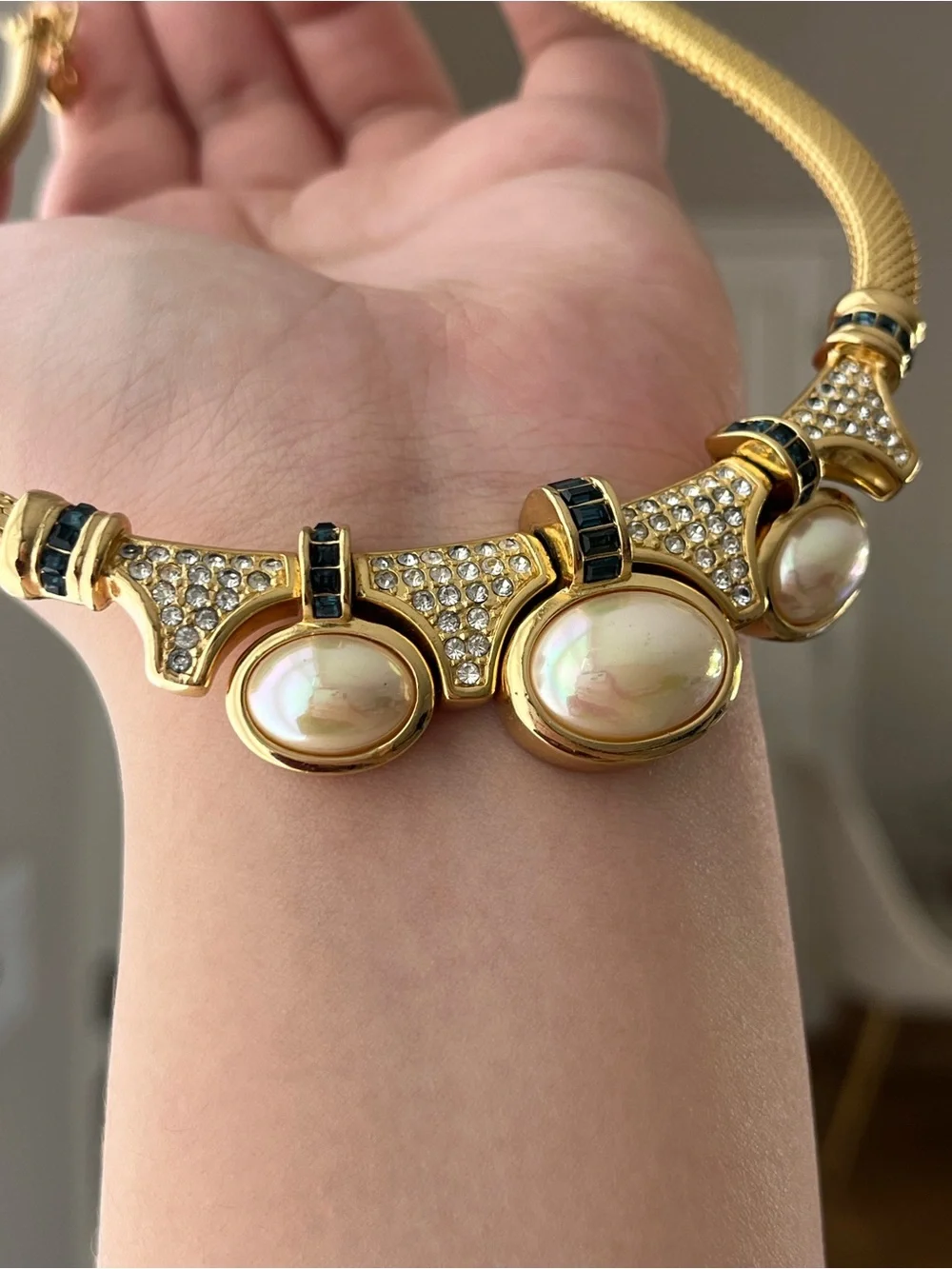 Authentic Vintage Dior Oval Pearl Cabochon Blue Stone Mesh Gold Bib Necklace